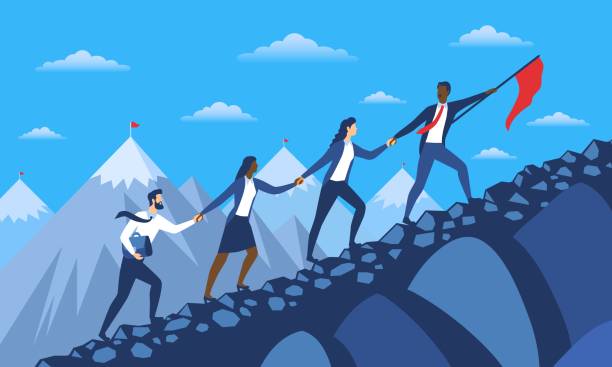 Abstract concept way to achieve business success Abstract concept of way to achieve business success and leadership. Diverse multiracial team of specialists climbing mountain holding hands. Flat cartoon vector illustration with fictional characters leadership concept stock illustrations