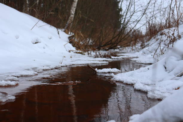 зимняя река - winter stream river snowing стоковые фото и изображения