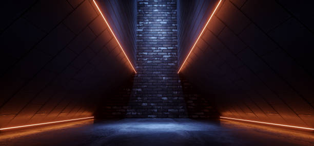 Sci Fi Alien Spaceship Neon Glowing Brick Line Orange Blue Cement Asphalt Glossy Hallway  Tunnel Corridor Cyber Modern Hangar Warehouse 3D Rendering