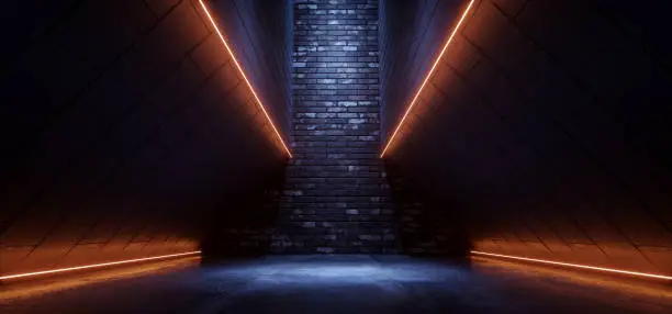 Sci Fi Alien Spaceship Neon Glowing Brick Line Orange Blue Cement Asphalt Glossy Hallway  Tunnel Corridor Cyber Modern Hangar Warehouse 3D Rendering Illustration