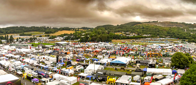 Builth Wells, Wales - July 2018: Aerial view of the Royal Welsh Showground during the annual public agricultural festival and trade show in Builth Wells.