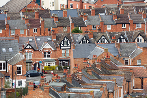 Rows of old suburban terraced houses in an English town. Warwick, UK