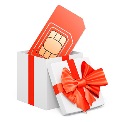 SIM card inside gift box, present concept. 3D rendering isolated on white background