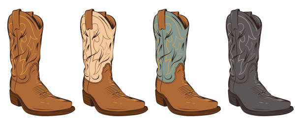 Vector Cowboy Boots A stylized vector illustration of cowboy boots in various color combinations. country fashion stock illustrations