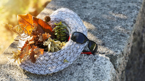 istock Sun hat on concrete curb outdoors, with different leaves and twigs inside it and sunglasses 1302683655