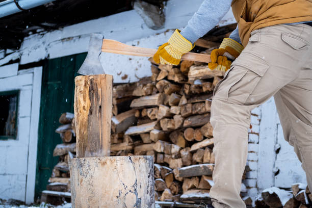 istock Close up on a man with an axe cutting wood on a tree stump. 1302684670