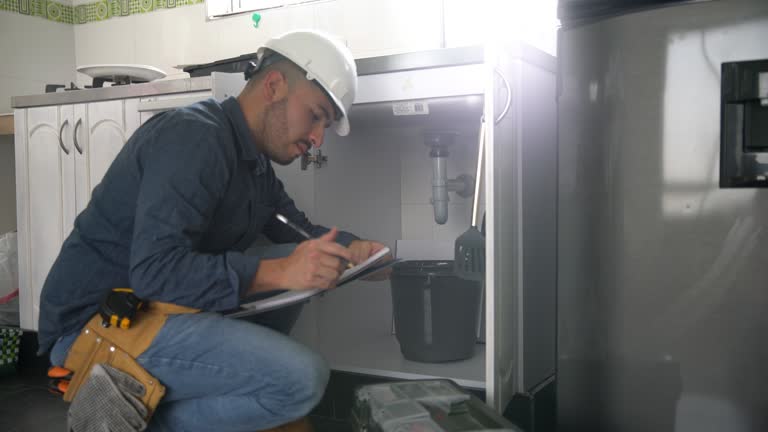 Handsome plumber checking a list and pipes of kitchen sink during a home renovation project