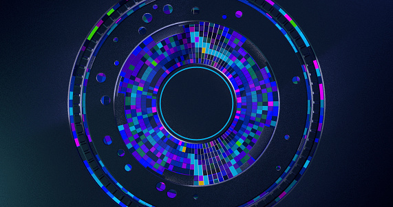 Futuristic dark metallic disk background with blue, red and purple square concentric cells inside changing color. 3D Illustration