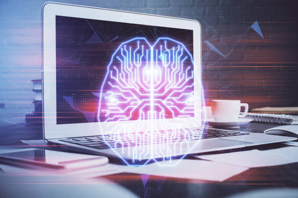 istock Double exposure of work table with computer and brain sketch hologram. Brainstorming concept. 1302686790