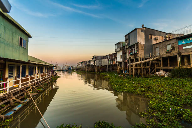 Summer cityscape in tropical Chau Doc, heart of Mekong Delta, Vietnam. Landscape taken from the city