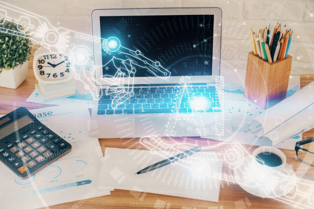 istock Multi exposure of desktop with computer on background and tech theme drawing. Concept of big data. 1302687228