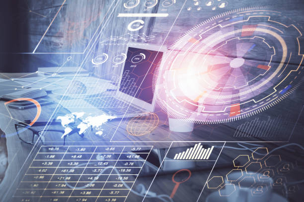 istock Double exposure of computer and technology theme hologram. Concept of freelance work. 1302687236