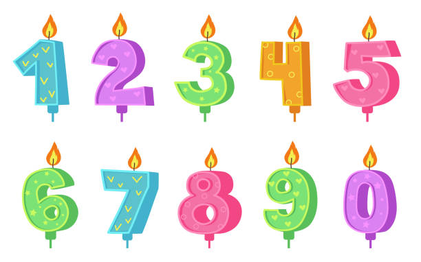 kreative bunte jubiläumsnummer kerzen - six candles stock-grafiken, -clipart, -cartoons und -symbole