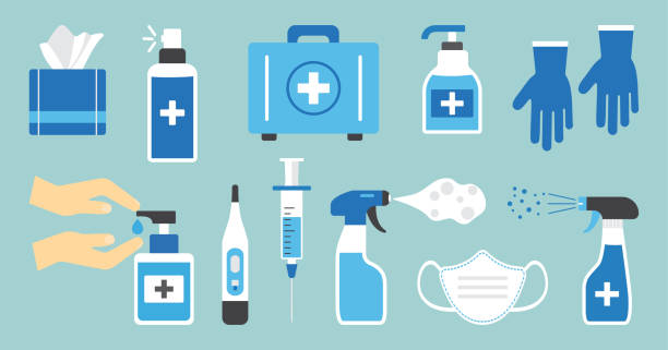 illustrazioni stock, clip art, cartoni animati e icone di tendenza di icona del vettore disinfezione. igiene. dispositivi di protezione individuale dpi. antisettico, bottiglie disinfettanti per le mani, maschera medica, gel di lavaggio, spray, salviette, sapone antibatterico, guanti, tovaglioli - thermometer healthcare and medicine backgrounds isolated