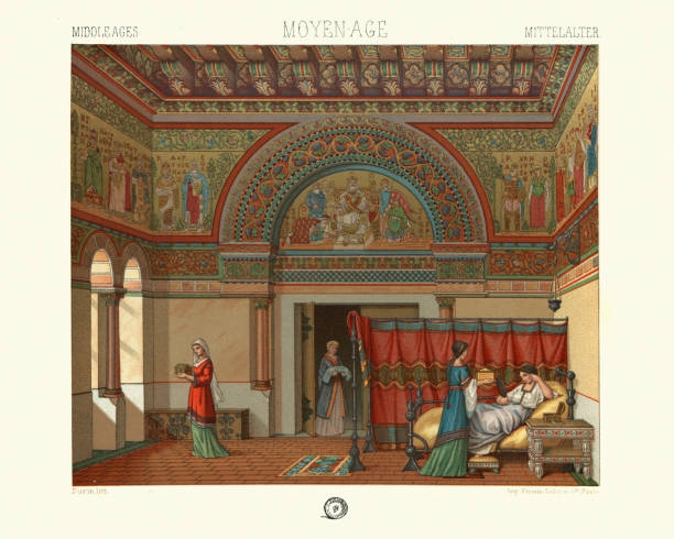 Vintage illustration of Interior of Lordly dwelling, Romano Byzantine, feudal life, 10th to 11th Cnetury