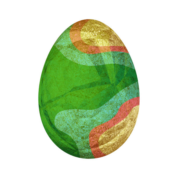Colorful Easter Egg. Egg is decorated with golden foil with flowing liquid painted abstract patterns of green, red, mint color. Decorative element, symbol of the holiday. 3D render art illustration