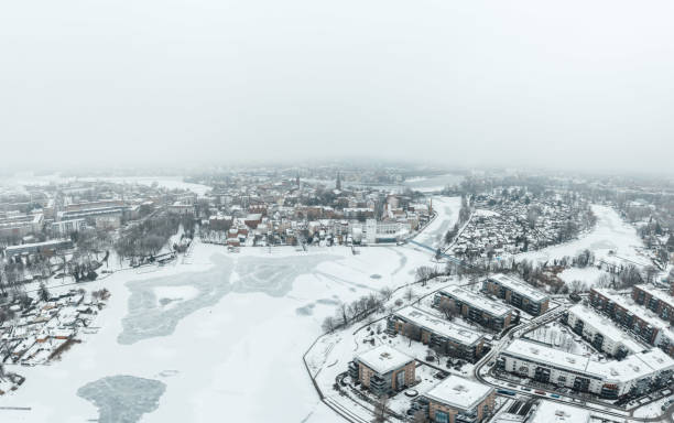 aerial view on foggy winter snow landscape in old Koepnick Berlin