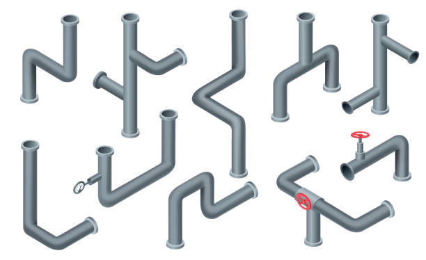 등등 측정 파이프. 물 튜브, 밸브 파이프 라인. 석유, 가스 산업 튜브 건설. 플라스틱 배관 시스템 3d 벡터 절연 세트. 파이프 조각 - pipe water pipe pipeline steel stock illustrations
