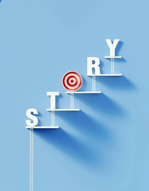 istock Story Building And Structure Concept - White Ladders Leaning Over A Bull's Eye Target And Writing Story On Blue Wall 1302694469