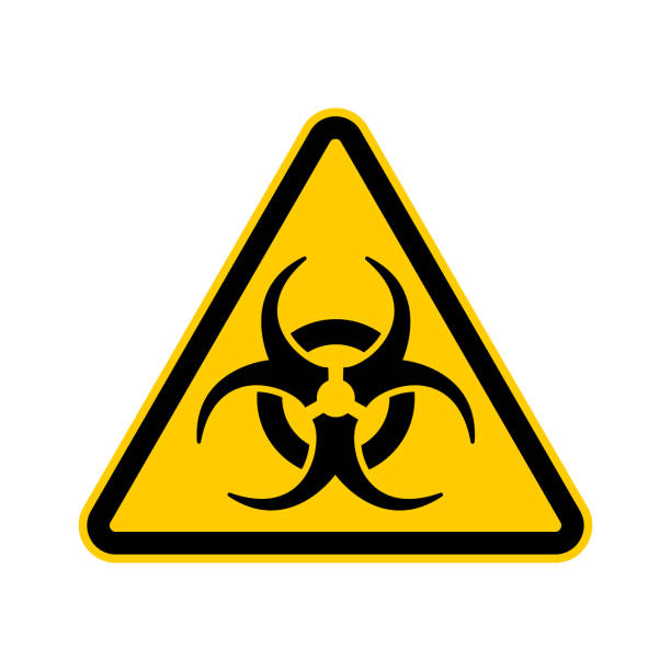 предупреждающий знак желтого треугольника с символом биоопасной опасности - danger toxic waste hazardous area sign symbol stock illustrations