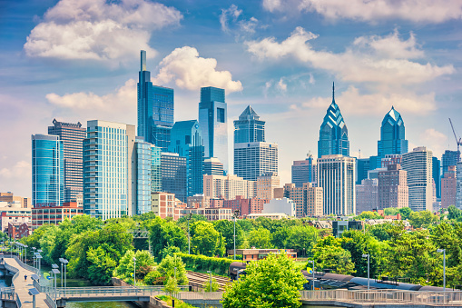 Skyline of downtown Philadelphia Pennsylvania USA on a sunny summer day.