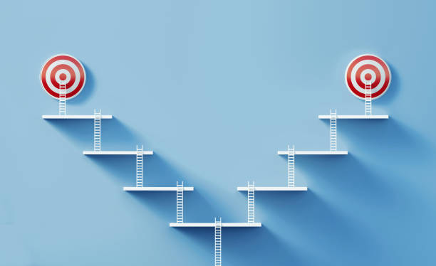 istock Success And Strategy Concept - Path Splits Into Two Different Paths With Red Bull's Eye Targets Sitting On A Blue Wall At The End 1302696466