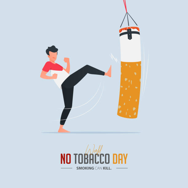 5월 31일 세계 금연의 날 포스터 디자인. 권투 샌드백을 걷어차는 남자는 담배를 끊기 위해 싸우는 남자를 정의합니다. 질병 경고에 대한 흡연 포스터를 중지합니다. 금연 배너. 벡터 - smoking issues illustrations stock illustrations