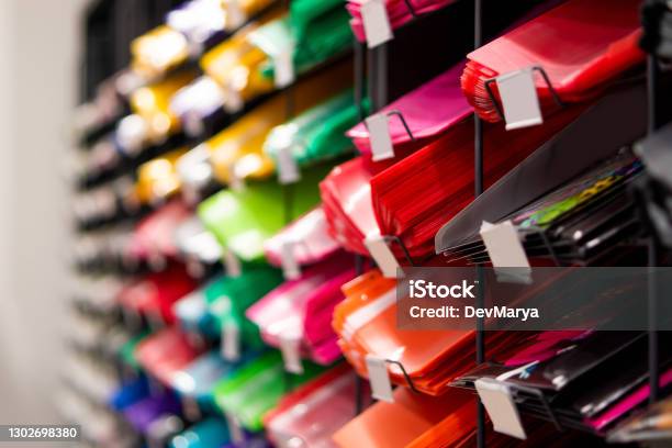 Plastic Binder Shelf In A Shop Binder Sale Multicolor Stationery Folders Stock Photo - Download Image Now