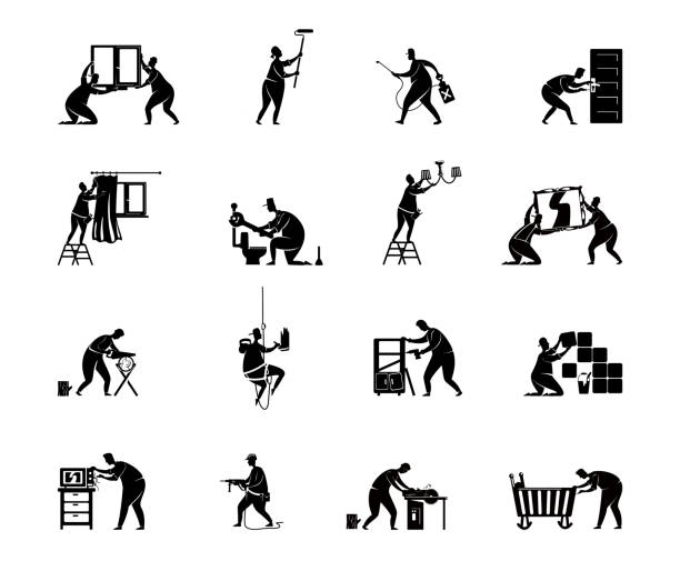 ilustrações de stock, clip art, desenhos animados e ícones de home repairs black silhouette vector illustrations kit. house improvement and housekeeping. working people poses. handyman 2d cartoon characters shapes set for commercial, animation, printing - construction worker silhouette people construction