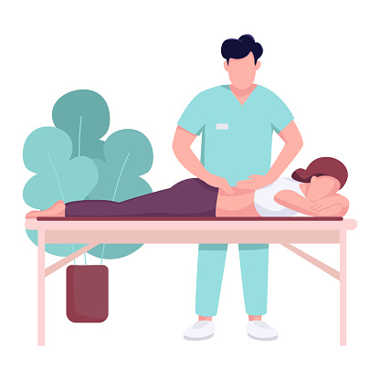 Hospital masseur and patient flat color vector faceless character. Backpain therapy, spinal injury rehab. Chiropractic massage isolated cartoon illustration for web graphic design and animation