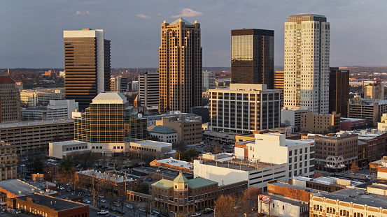 Aerial establishing shot of Birmingham, Alabama at dusk.