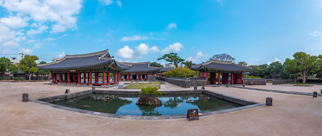 Jeju City, Korea, November 11, 2019: Gwandeokjeong historical complex in center of Jeju city, Republic of Korea