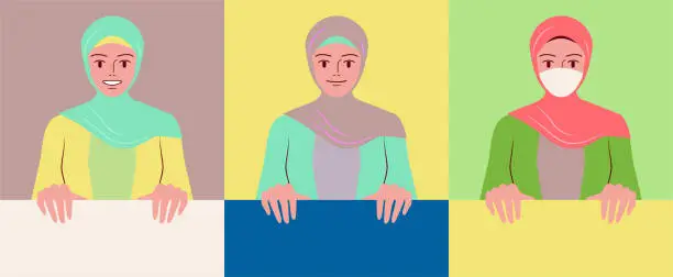 Vector illustration of Beautiful young woman with hijab holding a blank sign