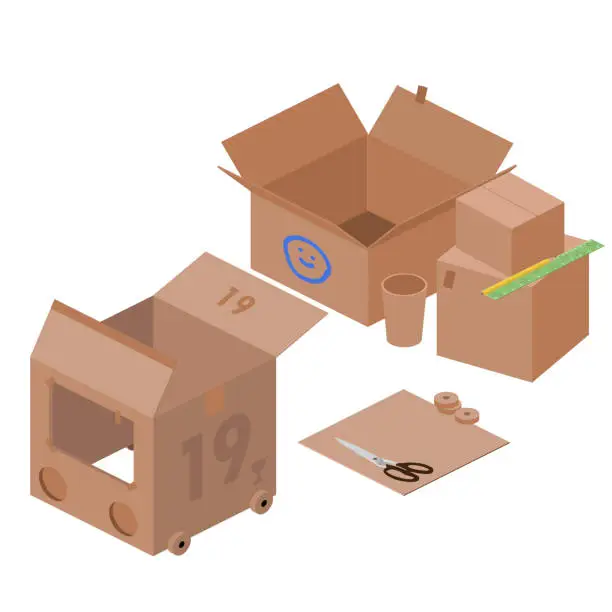 Vector illustration of Activity Ideas for Kids - Sustainable Lifestyle - Cardboard Box Toy Car DIY - Packaging Icons