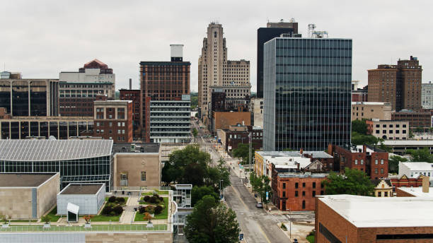 drone shot of toledo, ohio looking down madison avenue - toledo imagens e fotografias de stock