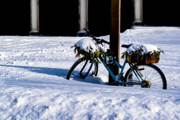 Parked bicycle covered in snow outside