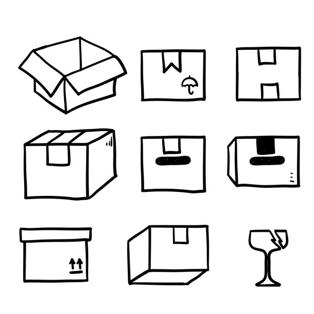 ilustraciones, imágenes clip art, dibujos animados e iconos de stock de ilustración de icono de caja de envío dibujado a mano en gareóculo - cardboard box