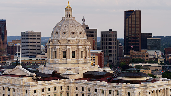 Aerial shot of the Minnesota State Capitol building in Saint Paul at sunset.