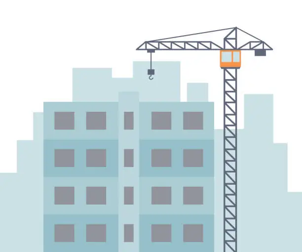 Vector illustration of Tall construction crane and construction house. Vector illustration