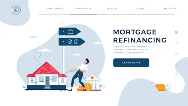 Vector illustration of Mortgage refinancing homepage template. Man drags a home to the bank for house pawning with getting cash out. Re-mortgage, property refinance concept. Flat vector illustration