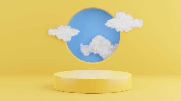 istock 3d render of yellow podium with cloud for product display 1302708436