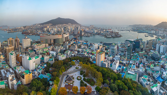 Busan, Korea, October 29, 2019: Sunset aerial view of port area of Busan, Republic of Korea