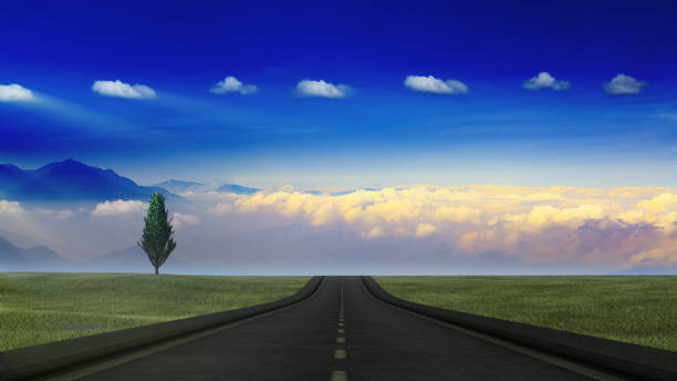 The 3d rendering of long straight road leading towards a mountains