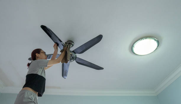 Woman Cleaning Ceiling Fan at Home An Asian woman cleaning ceiling fan at home. ceiling fan stock pictures, royalty-free photos & images