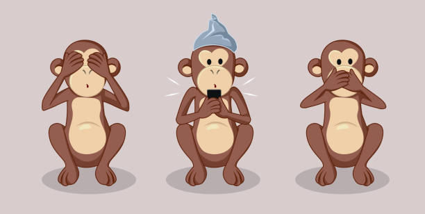 trzy mądre małpy i teorie spiskowe ilustracja koncepcyjna - telephone chimpanzee monkey on the phone stock illustrations