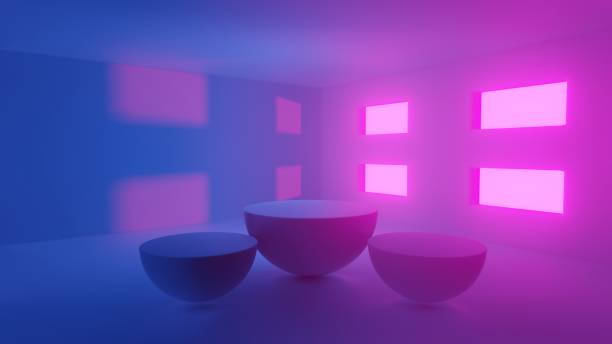 istock Concept abstract, spacious hall with light pink, purple and blue empty and four windows with Spherical cut in half podium product stand show - 3d rendering. 1302716426