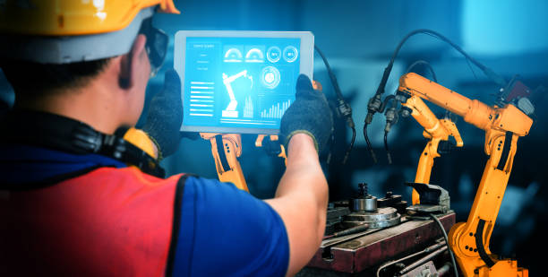 istock Smart industry robot arms for digital factory production technology 1302719035
