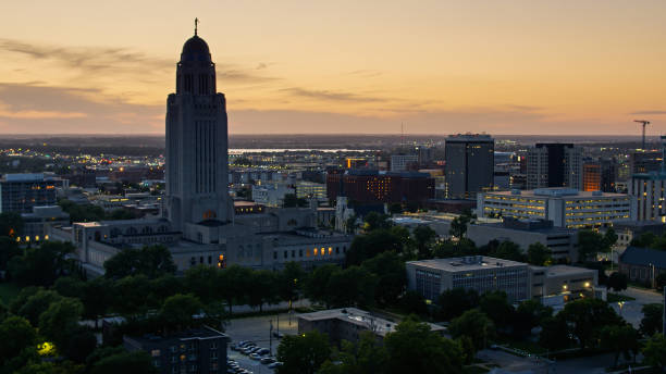 istock Nebraska State Capitol at Nightfall - Aerial 1302719756