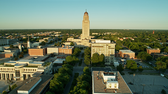 Drone shot of the sate capitol in downtown Lincoln, Nebraska.