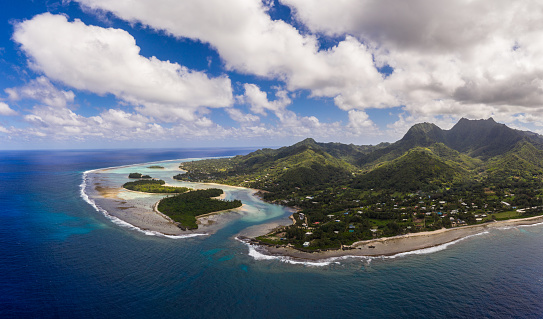 Stunning aerial view fo the Muri beach and lagoon, a famous vacation spot in the Rarotonga island in the Cook island in the Pacific